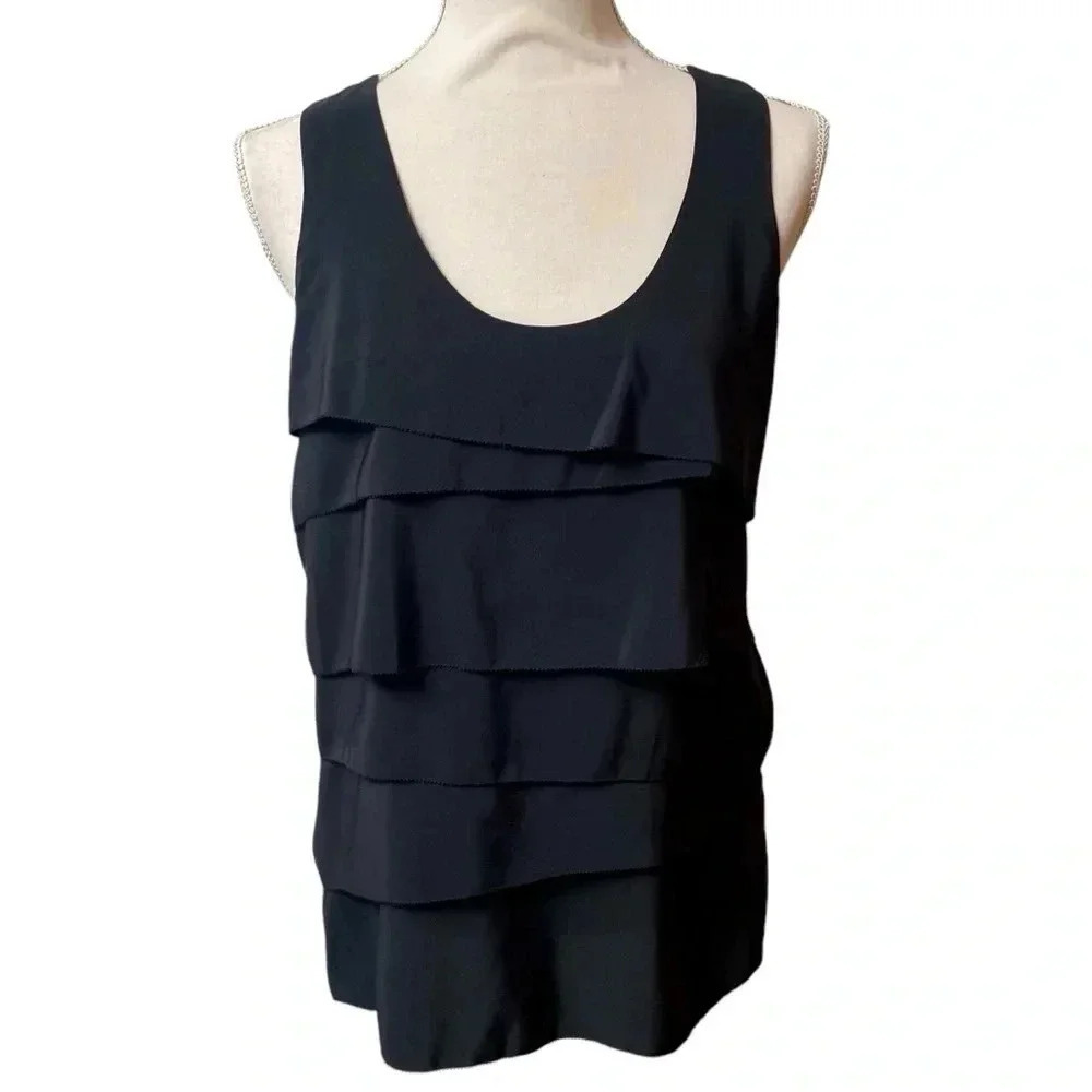 AQUA Black Tiered Racerback Sleeveless Blouse Large